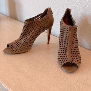 Marc Fisher-Peddle, Taupe Brown Leather Suede Peep Toe Stiletto Bootie size 9